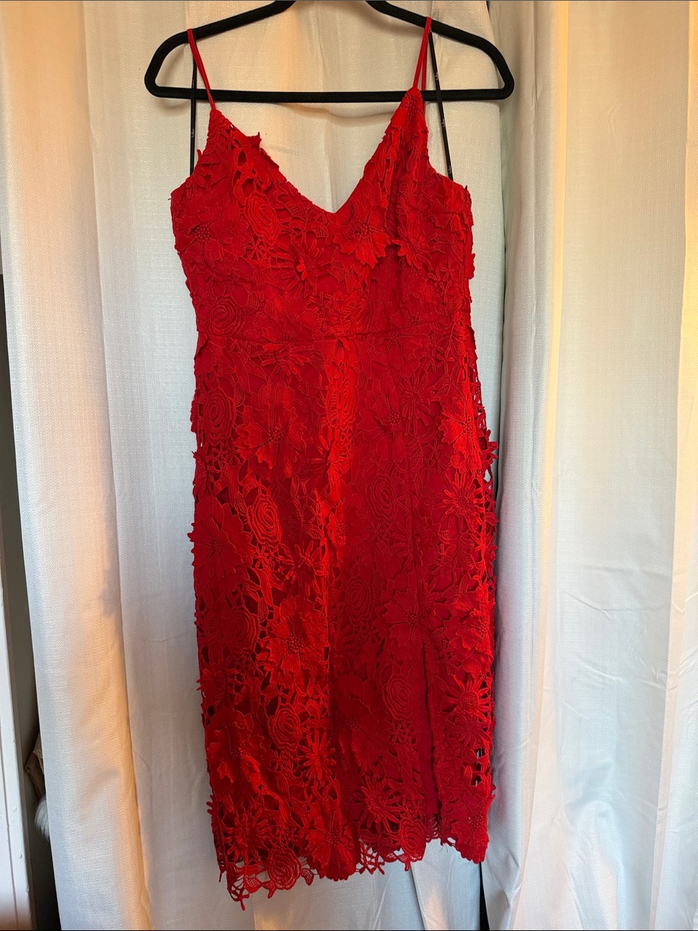 Lulu Red Lace Midi Dress wSpaghetti Straps